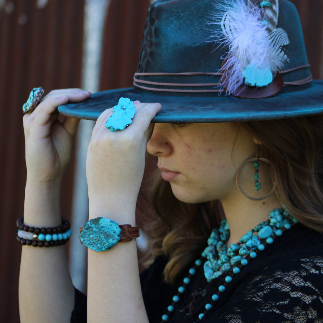 Copper Hoop Earrings w/ Blue Turquoise and Copper 201r