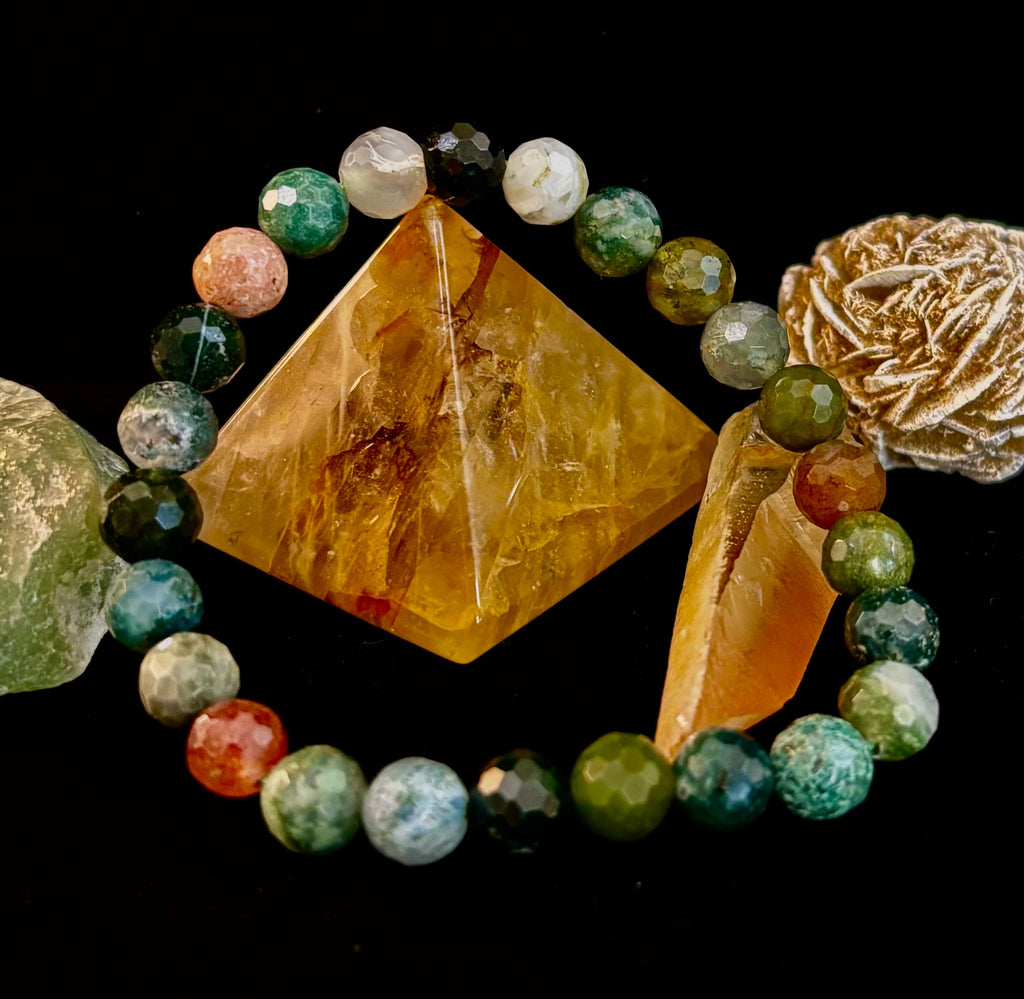 Reiki-Infused Faceted Indian Agate Bracelet for Inner Peace, Grounding & Emotional Harmony (8mm)