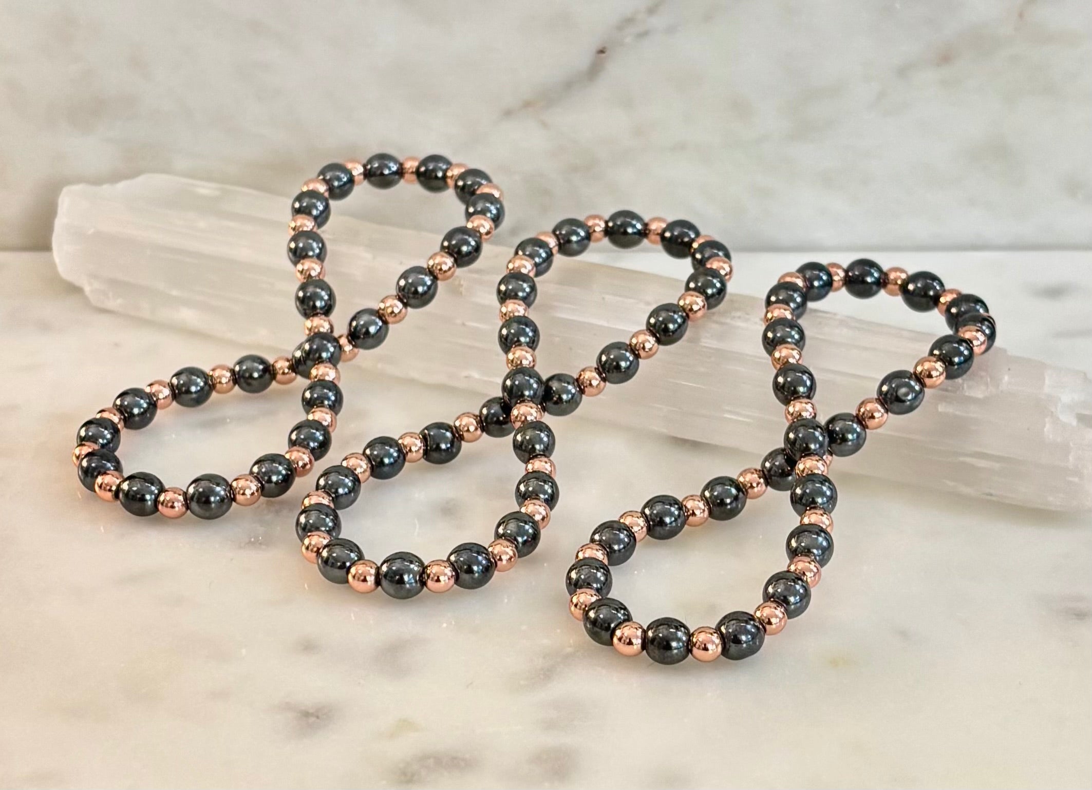 Reiki-Infused Hematite & Copper Conductor Bracelet for Grounding, Vitality & Protection (4mm/3mm, Fits up to 8")