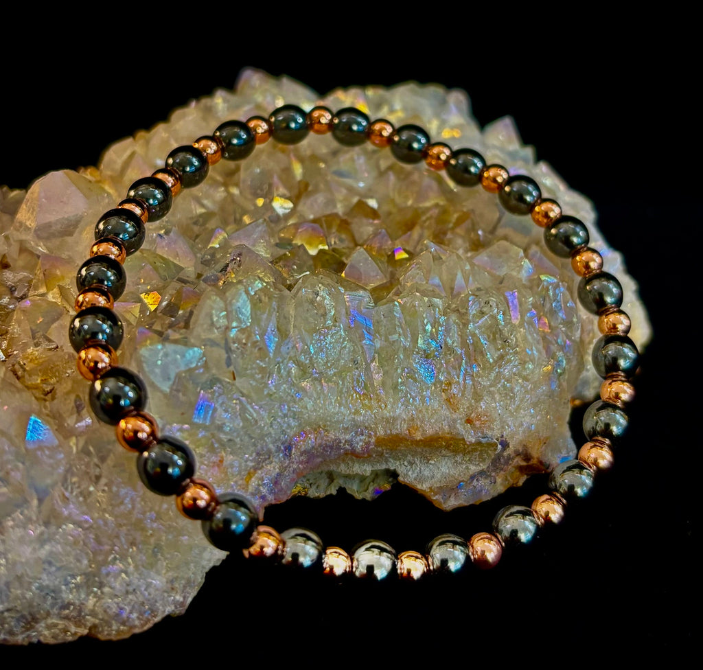 Reiki-Infused Hematite & Copper Conductor Bracelet for Grounding, Vitality & Protection (4mm/3mm, Fits up to 8")