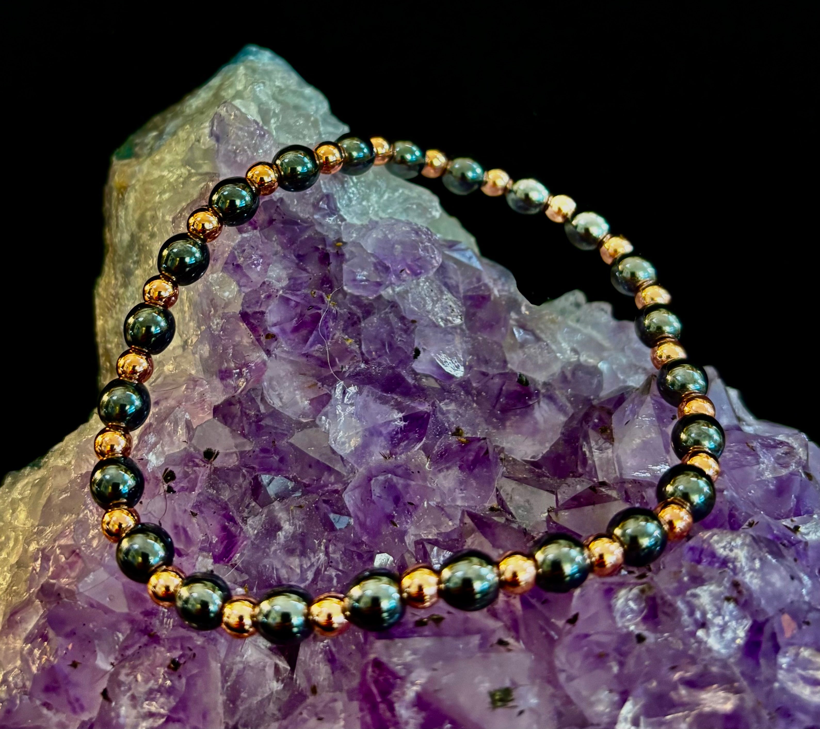 Reiki-Infused Hematite & Copper Conductor Bracelet for Grounding, Vitality & Protection (4mm/3mm, Fits up to 8")
