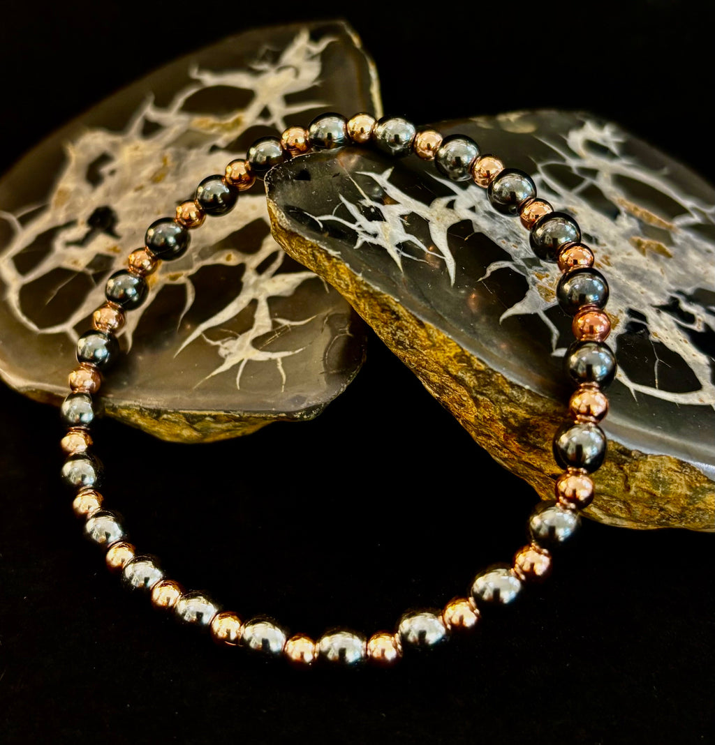 Reiki-Infused Hematite & Copper Conductor Bracelet for Grounding, Vitality & Protection (4mm/3mm, Fits up to 8")