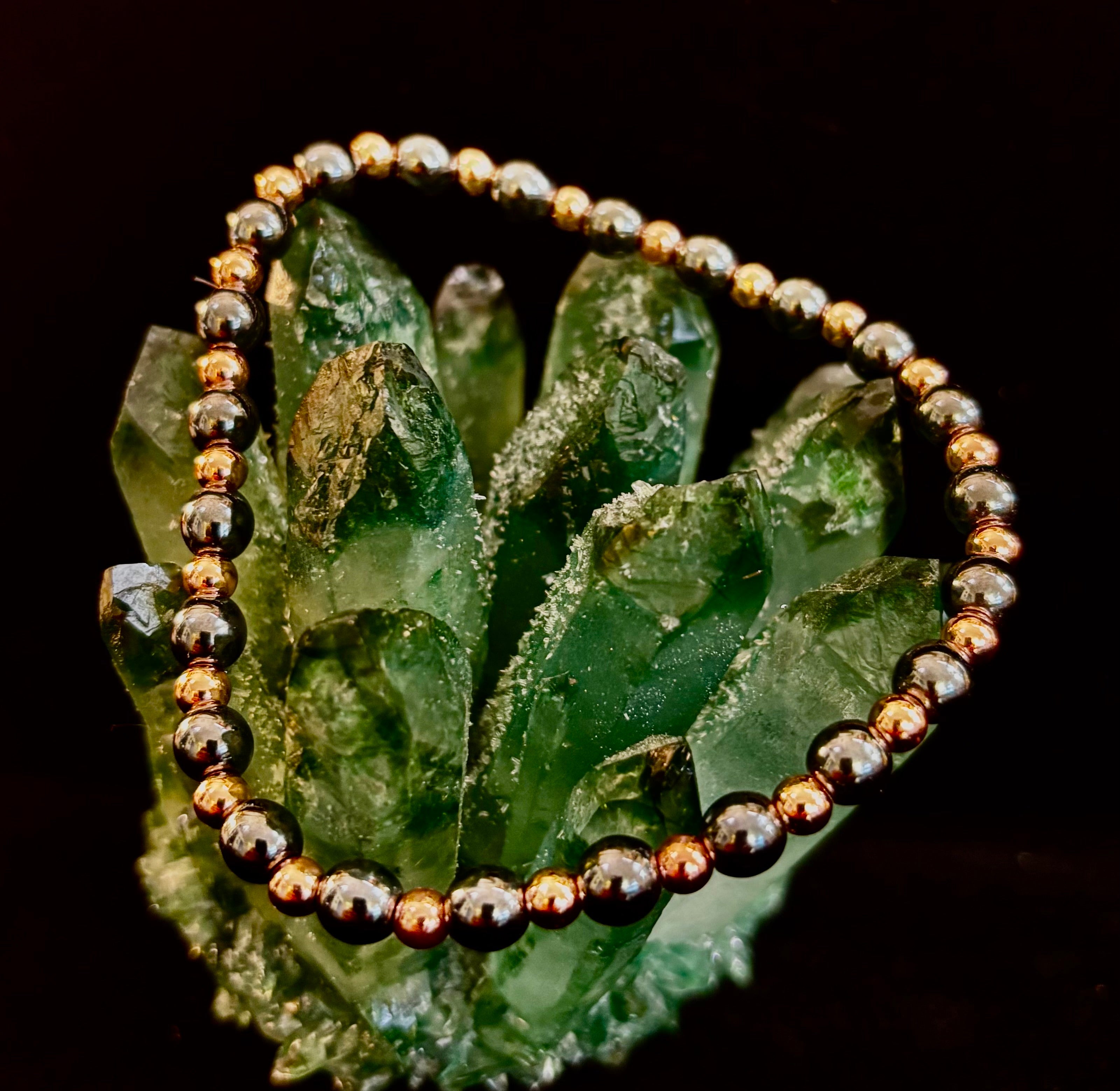 Reiki-Infused Hematite & Copper Conductor Bracelet for Grounding, Vitality & Protection (4mm/3mm, Fits up to 8")