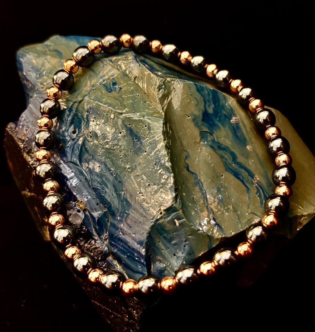 Reiki-Infused Hematite & Copper Conductor Bracelet for Grounding, Vitality & Protection (4mm/3mm, Fits up to 8")