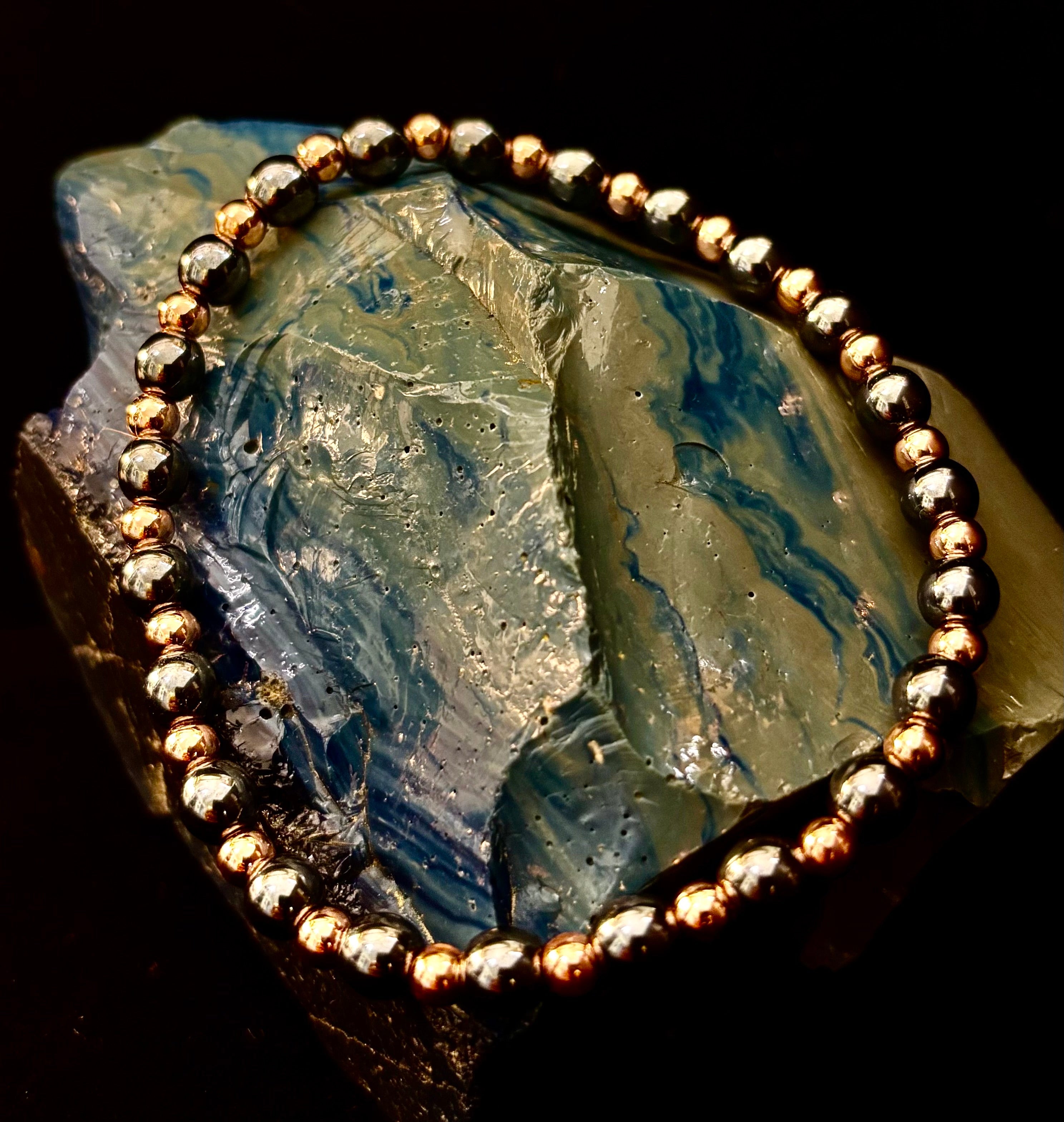 Reiki-Infused Hematite & Copper Conductor Bracelet for Grounding, Vitality & Protection (4mm/3mm, Fits up to 8")