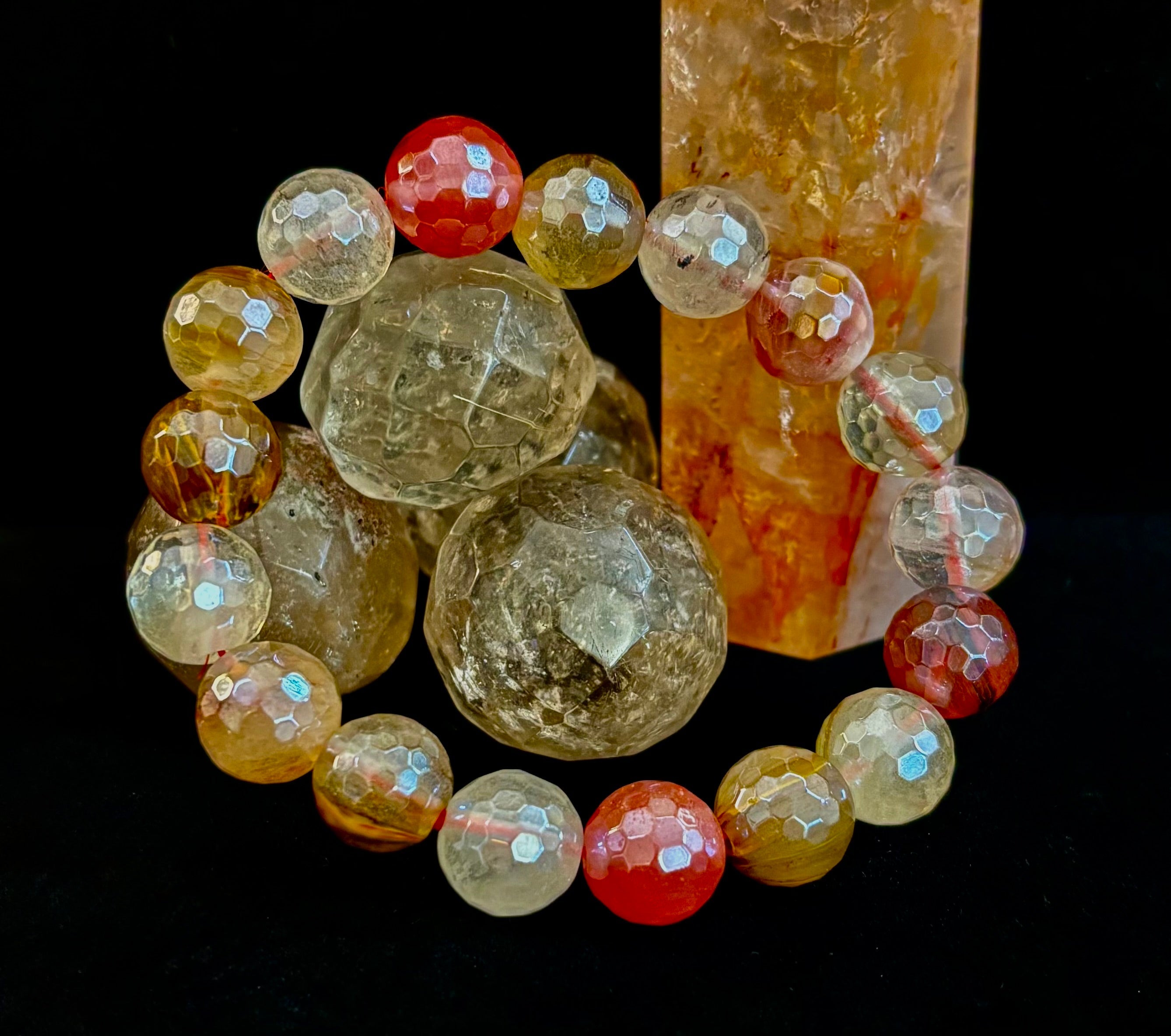 Reiki-Infused Faceted Golden Healer Quartz Bracelet for Divine Light, Manifestation & Solar Plexus Power (12mm)