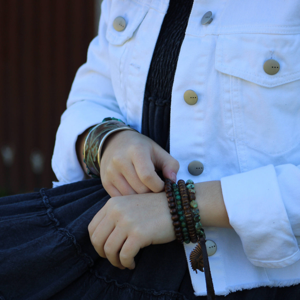 Wood Beaded Stretch Bracelet - Boho Stackable