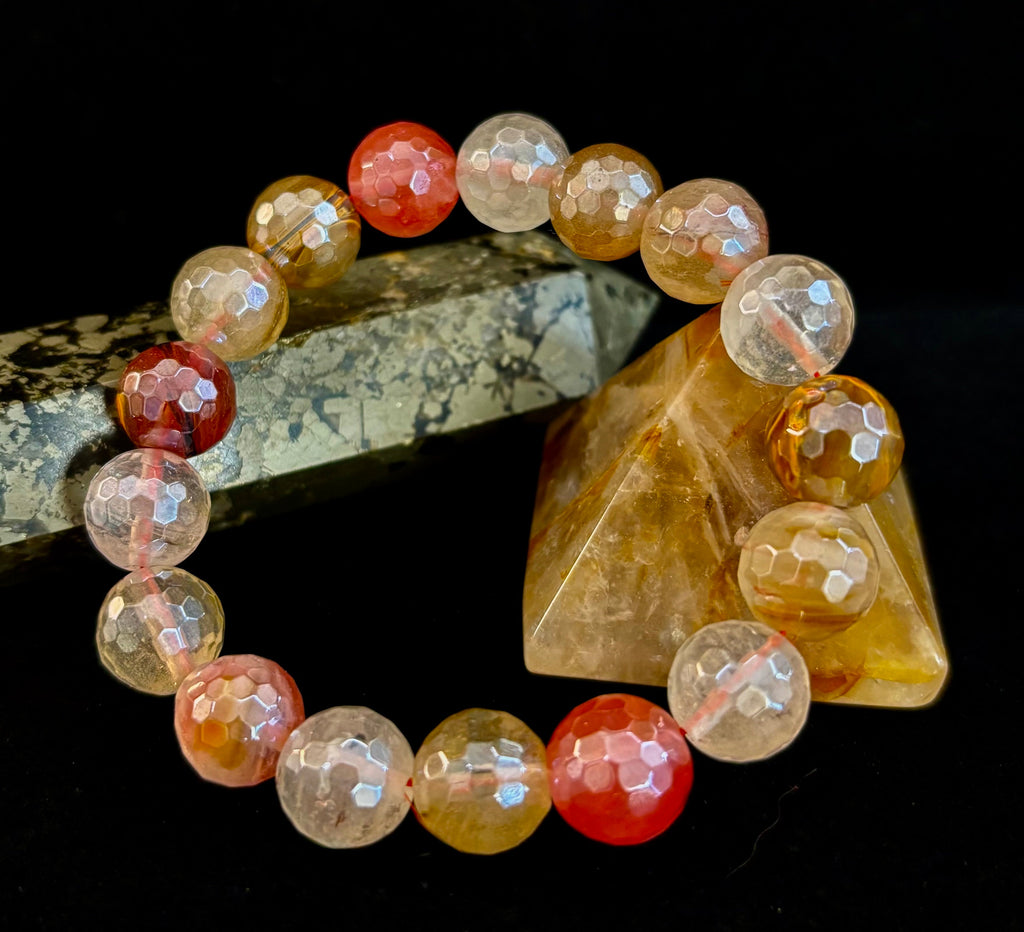 Reiki-Infused Faceted Golden Healer Quartz Bracelet for Divine Light, Manifestation & Solar Plexus Power (12mm)