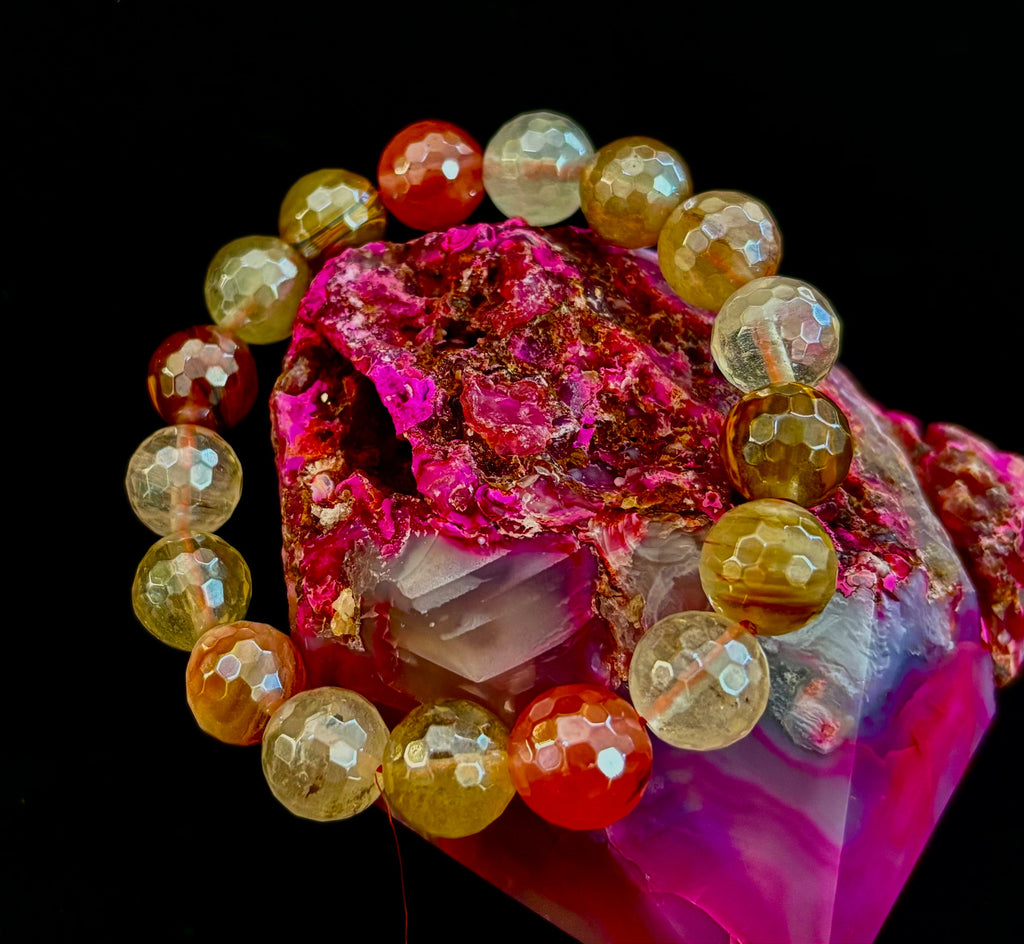 Reiki-Infused Faceted Golden Healer Quartz Bracelet for Divine Light, Manifestation & Solar Plexus Power (12mm)