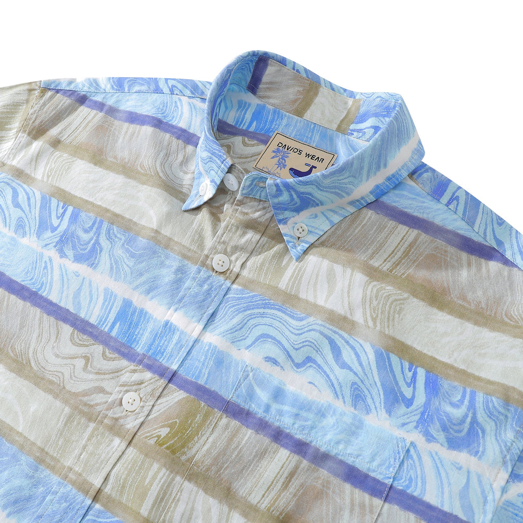 Men's Horizontal Stripe Short Sleeve Button Down Blue Waves Print
