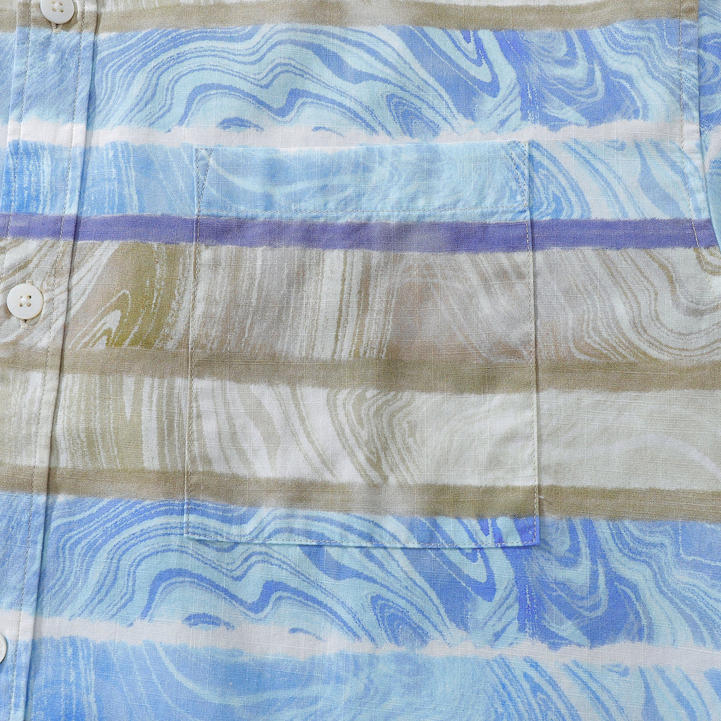 Men's Horizontal Stripe Short Sleeve Button Down Blue Waves Print