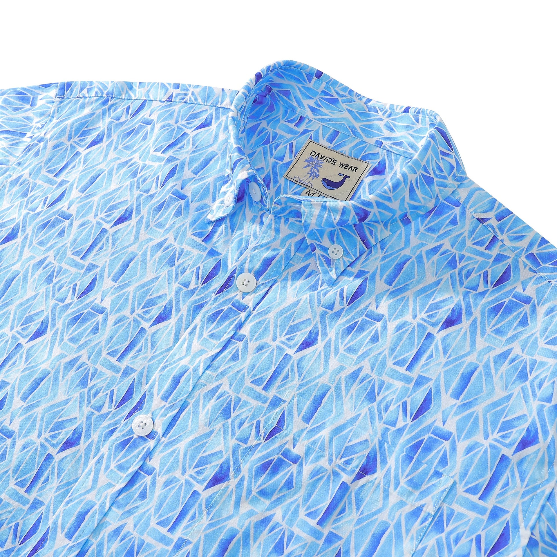 Men's Geometry Print Hawaiian Cotton Short Sleeve Shirt - Blue