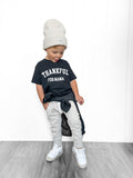 Kids Thankful for Mama varsity style graphic tee in orange and white