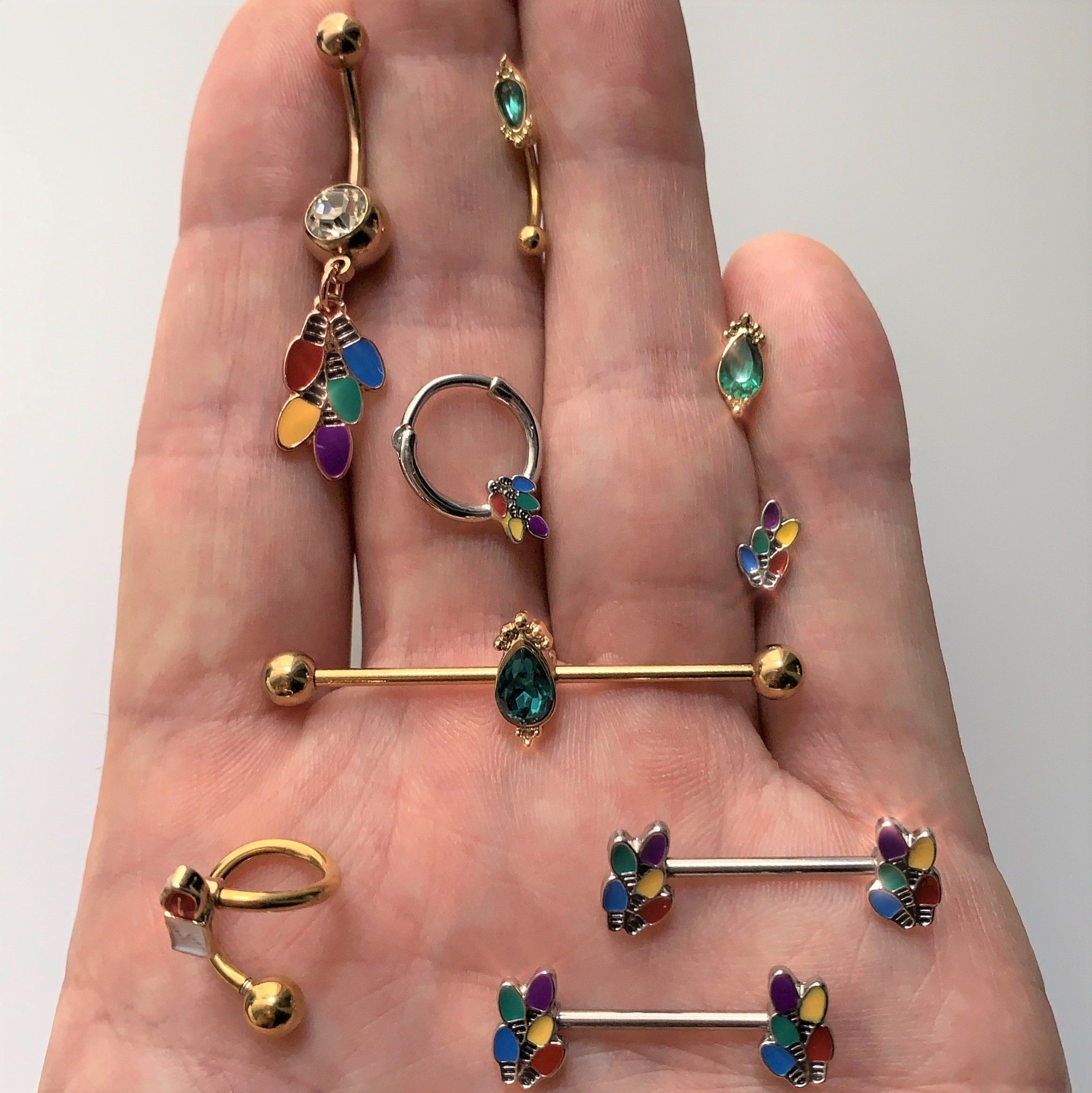 Clear Gem Rose Gold Tone Christmas Lights Holiday Dangle Belly Ring