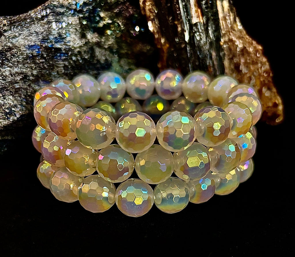 The Glitterati – AB Mystic Faceted White Agate Gemstone Bracelet (12mm)