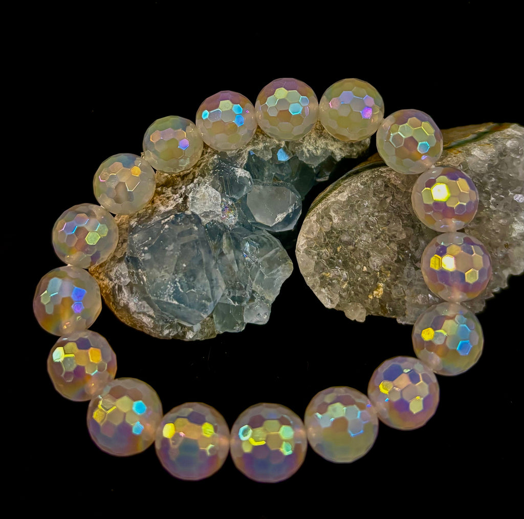 The Glitterati – AB Mystic Faceted White Agate Gemstone Bracelet (12mm)