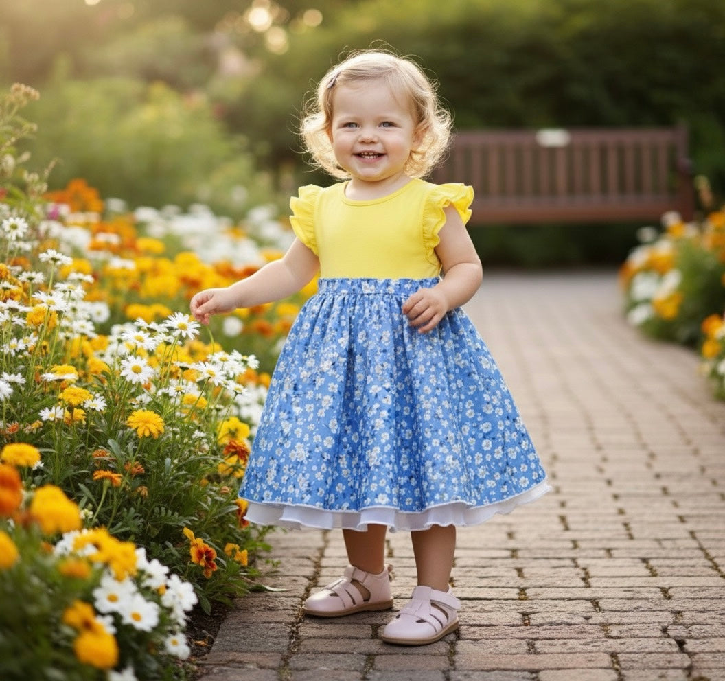 Yellow and Blue Floral Toddler Dress with Ruffle Sleeves - Image 3