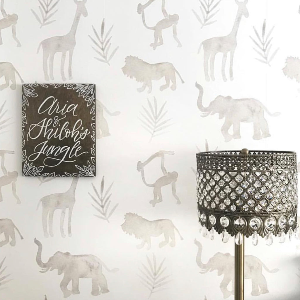 Simba Safari Animal Print Wallpaper in Taupe and White