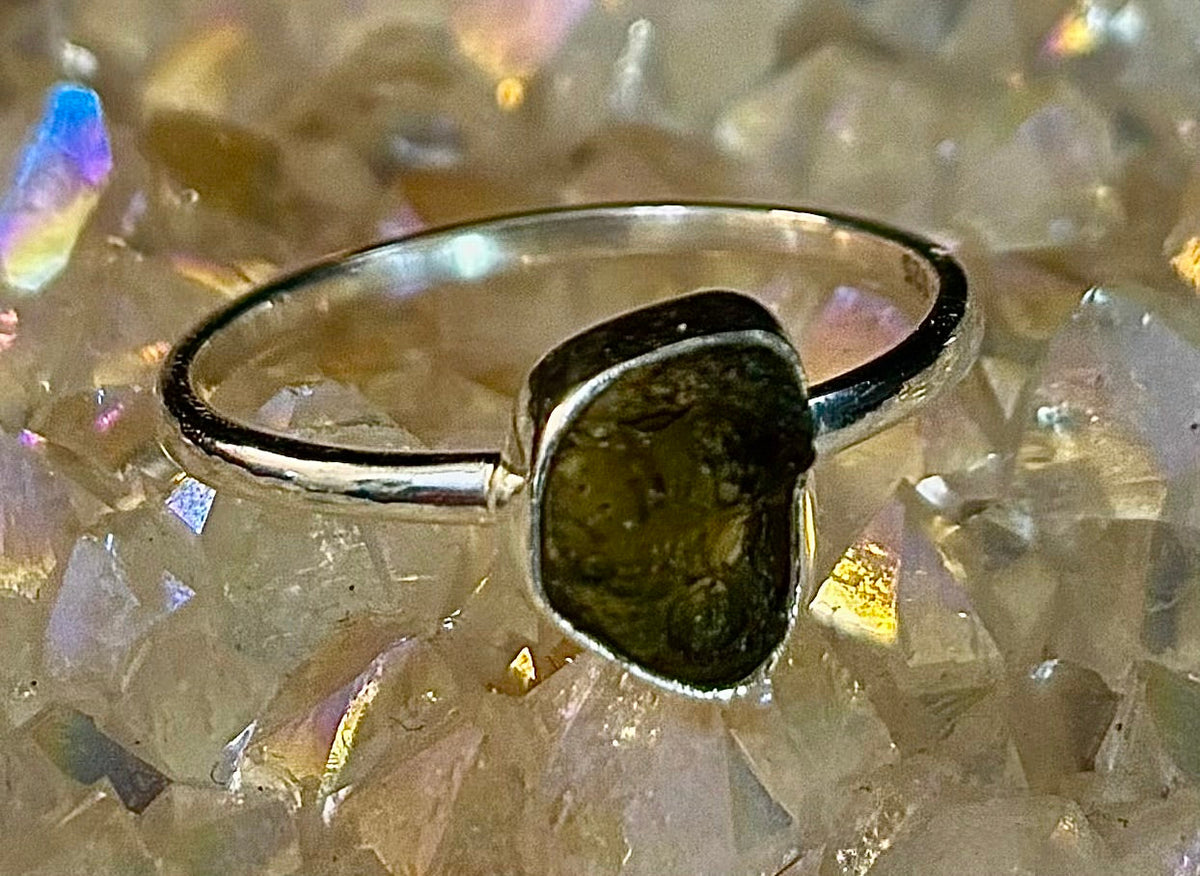 Cosmic Transformation: Raw Moldavite Ring in .925 Sterling Silver