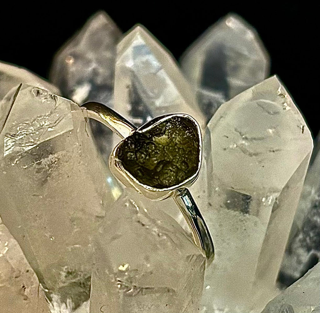 Cosmic Transformation: Raw Moldavite Ring in .925 Sterling Silver
