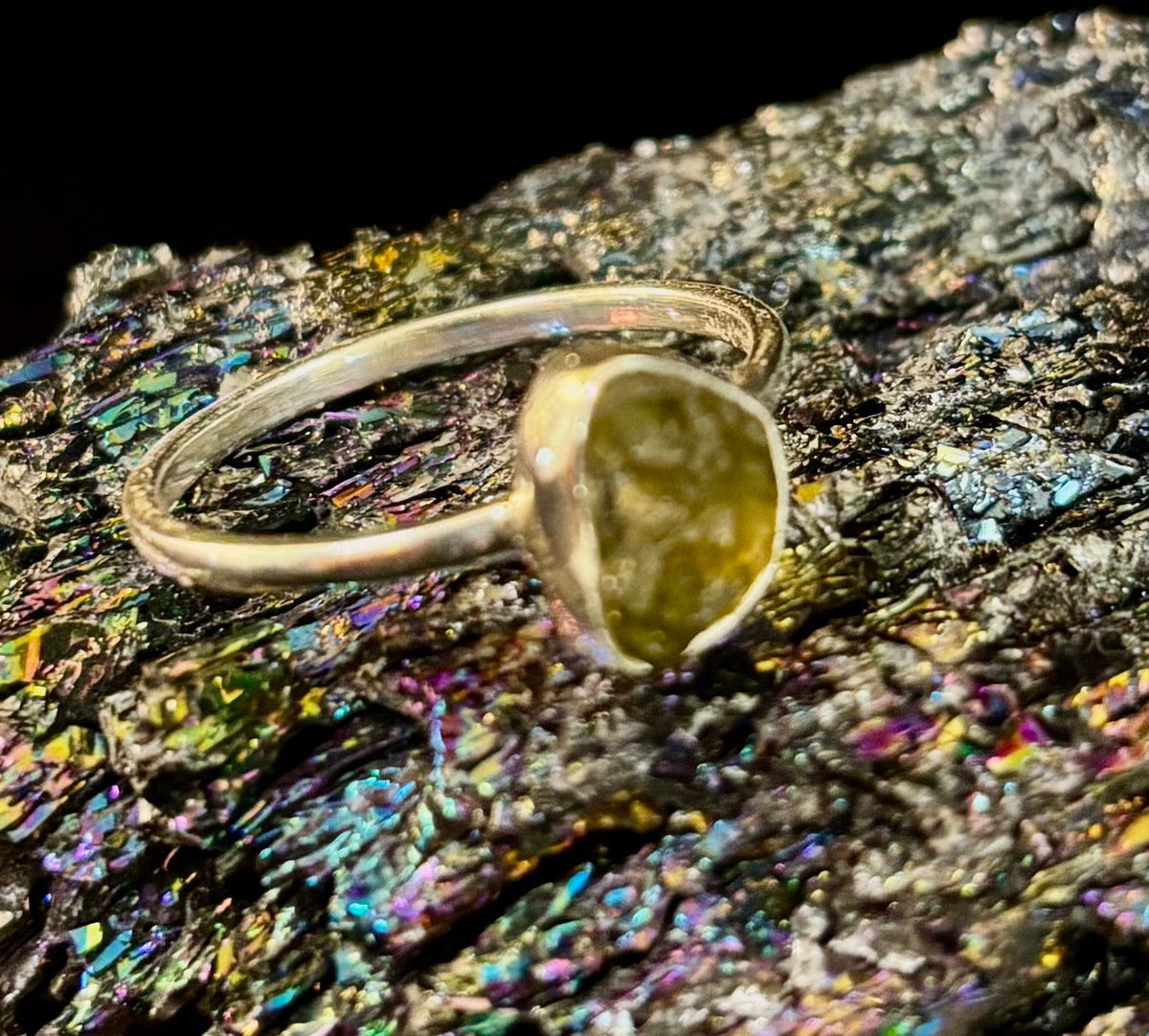 Cosmic Transformation: Raw Moldavite Ring in .925 Sterling Silver