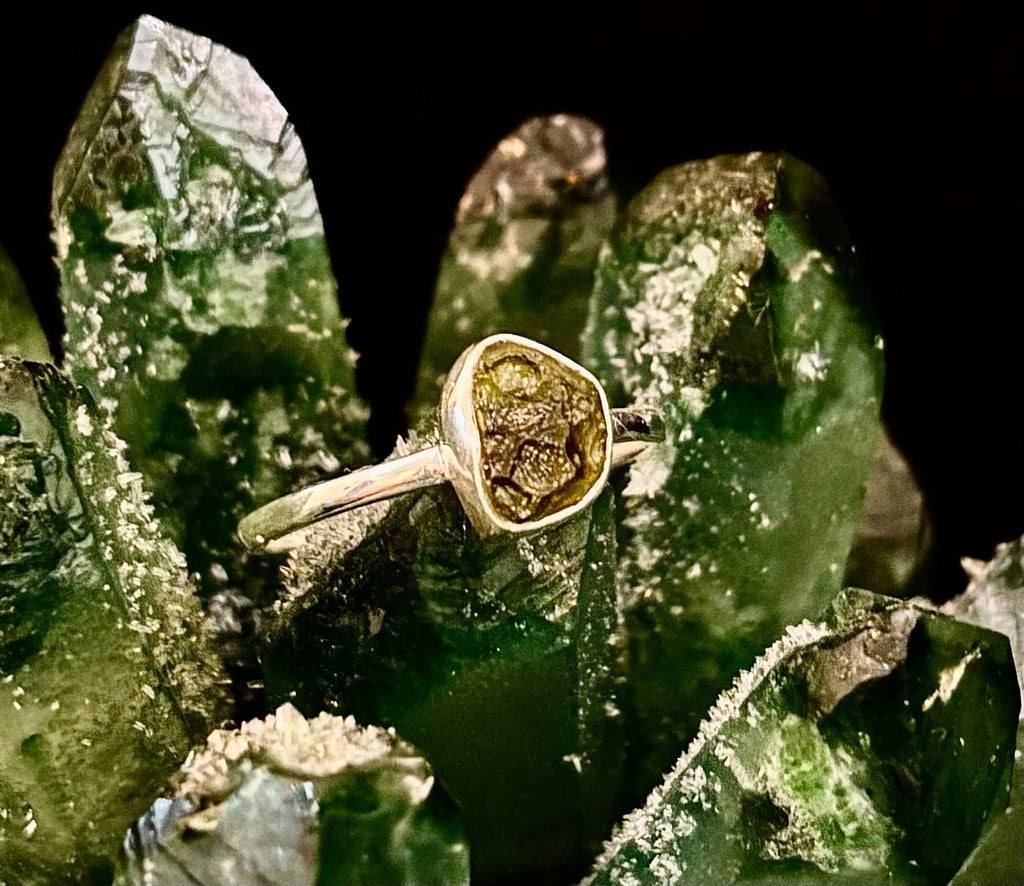 Cosmic Transformation: Raw Moldavite Ring in .925 Sterling Silver