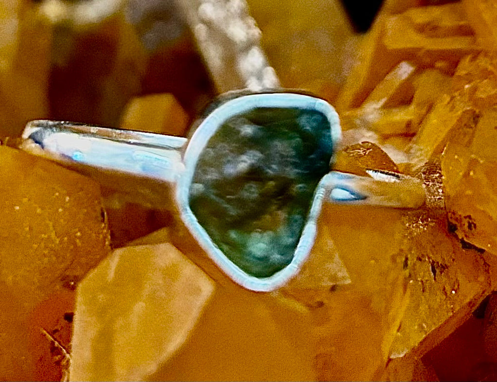 Cosmic Transformation: Raw Moldavite Ring in .925 Sterling Silver