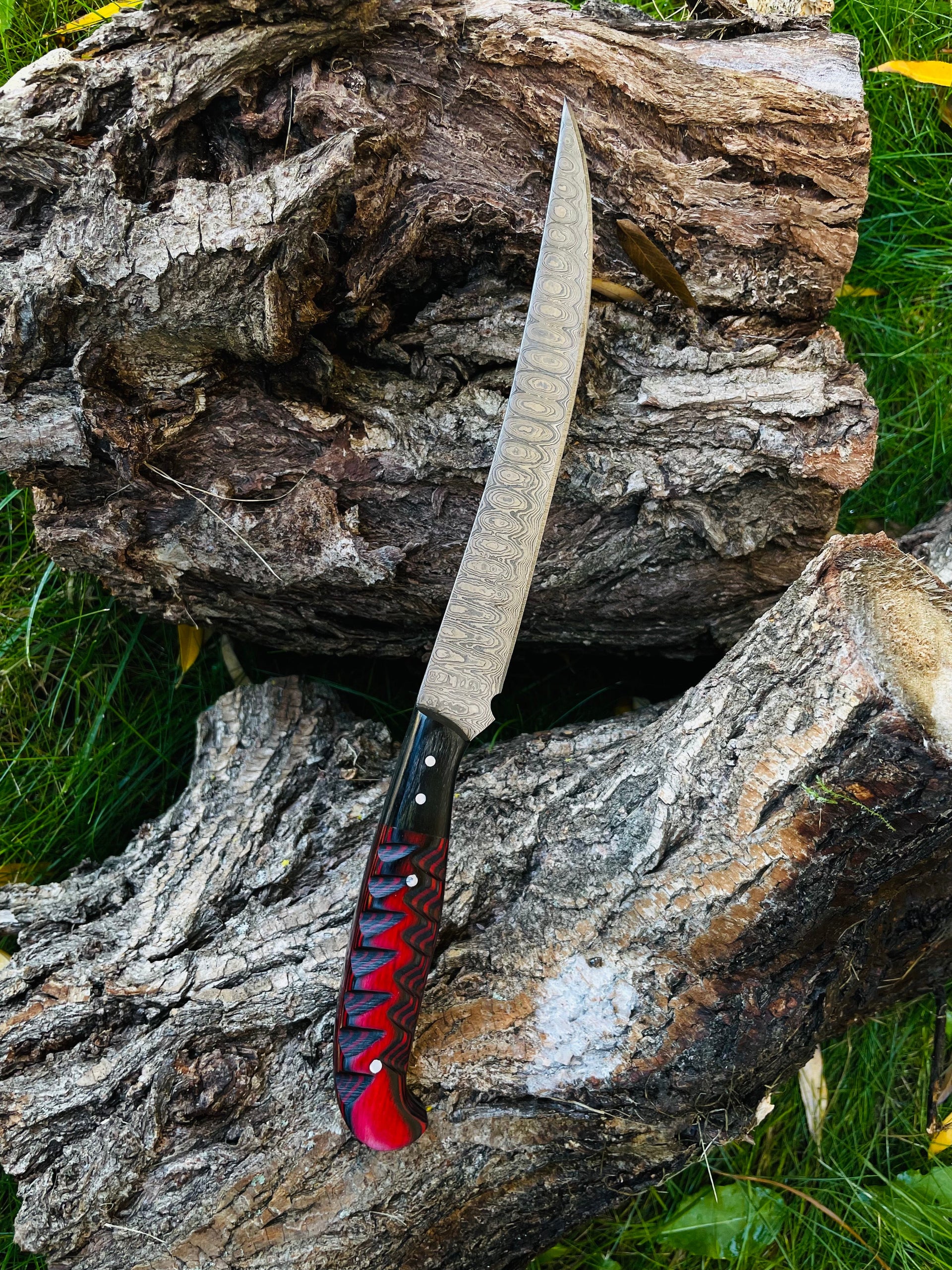 Damascus Steel Custom Flay Knife with Craved Grips TK-051
