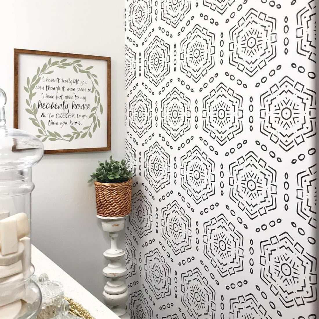Modern geometric Jett wallpaper in black and white on a minimalist interior wall.