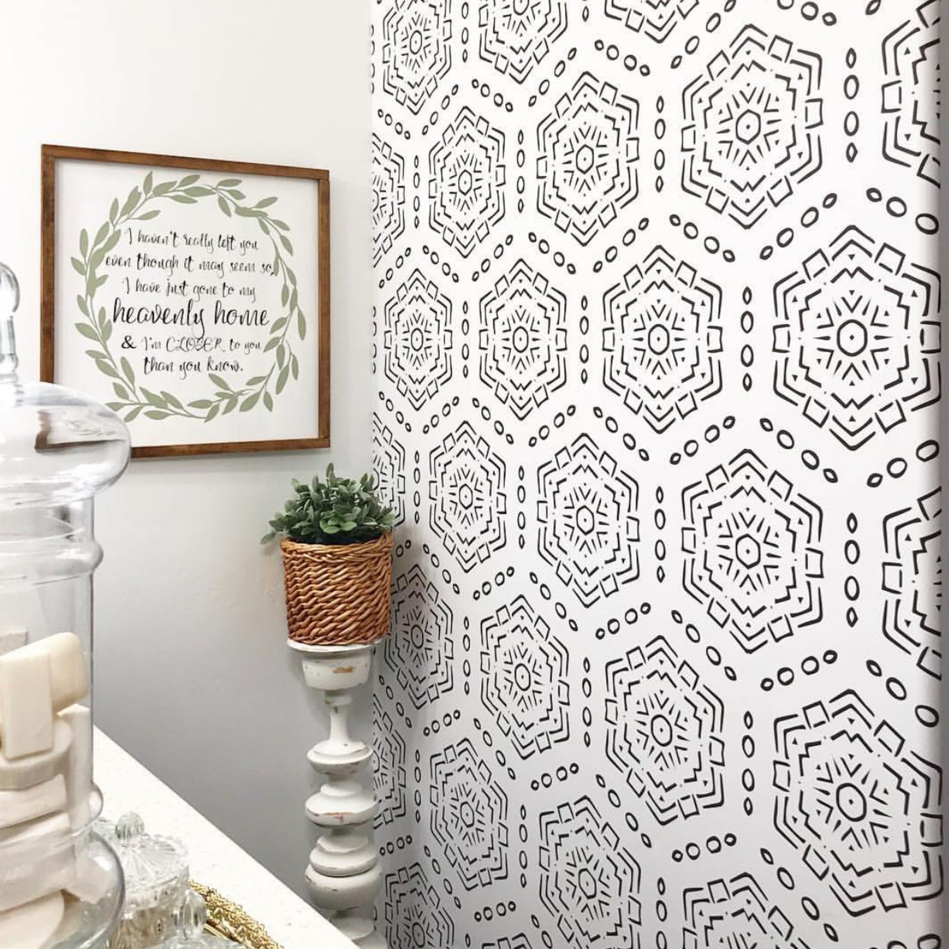Modern geometric Jett wallpaper in black and white on a minimalist interior wall.