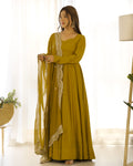Lorenvalley Fashion Yellow Pure Roman Silk Chanderi Fabric Fully Flared Anarkali Pant With Dupatta Set - Yellow