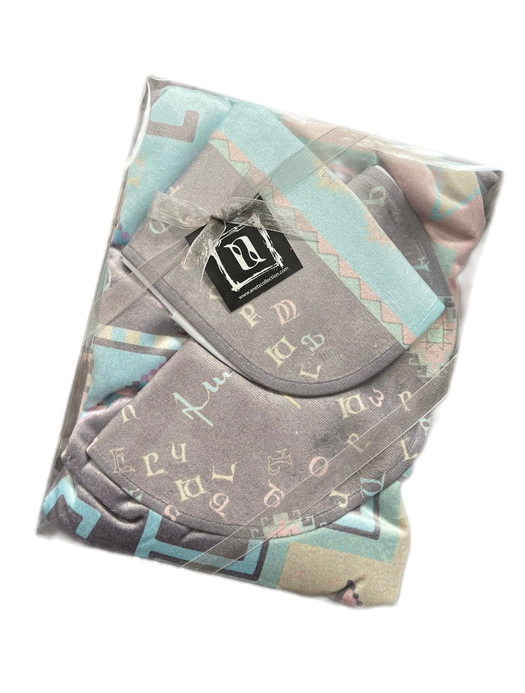 Armenian Alphabet Baby Blanket, Bib & Burp Cloth Set