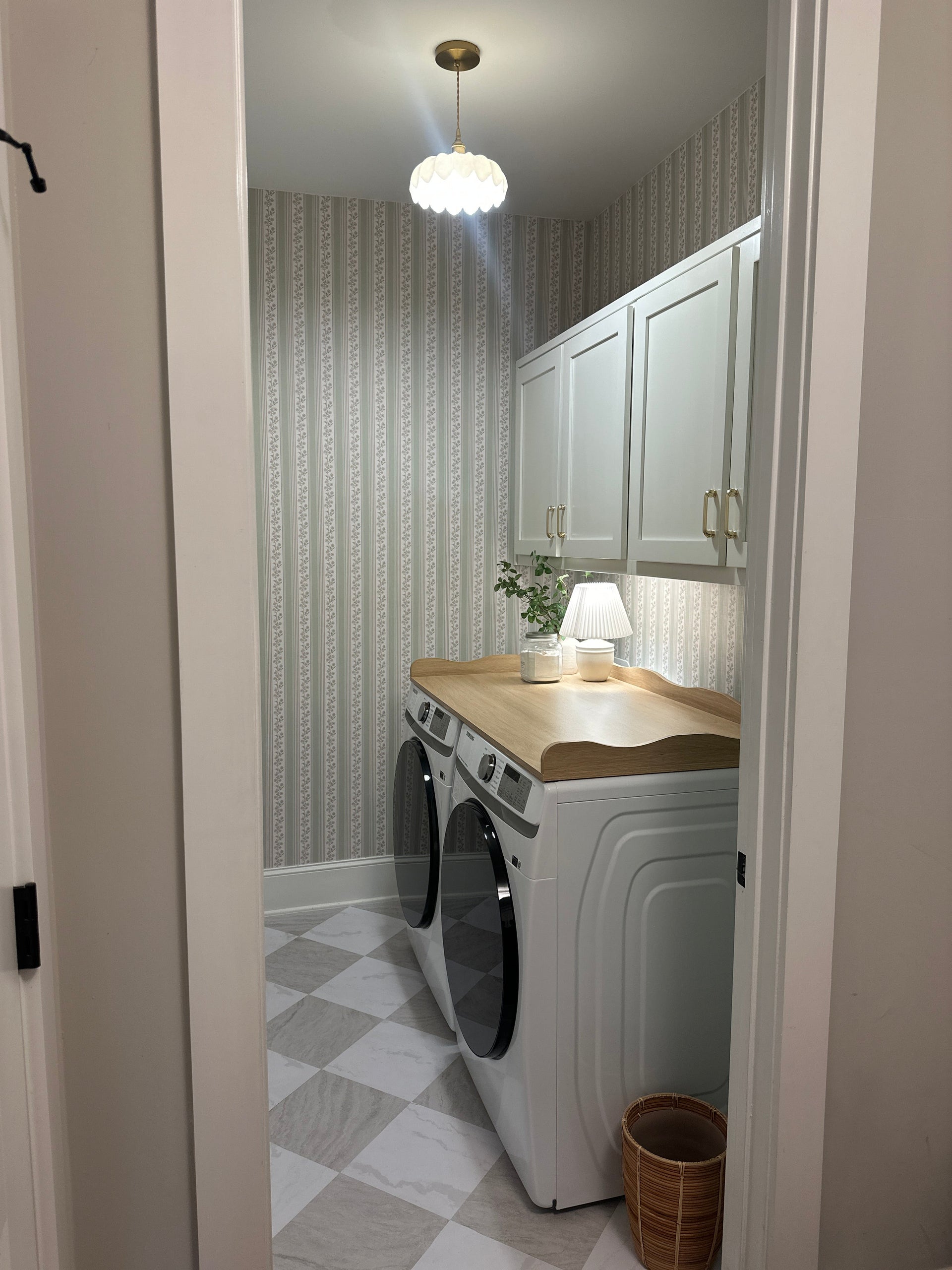 Auggie Striped Wallpaper in Pink, Cream, and Sage-Green