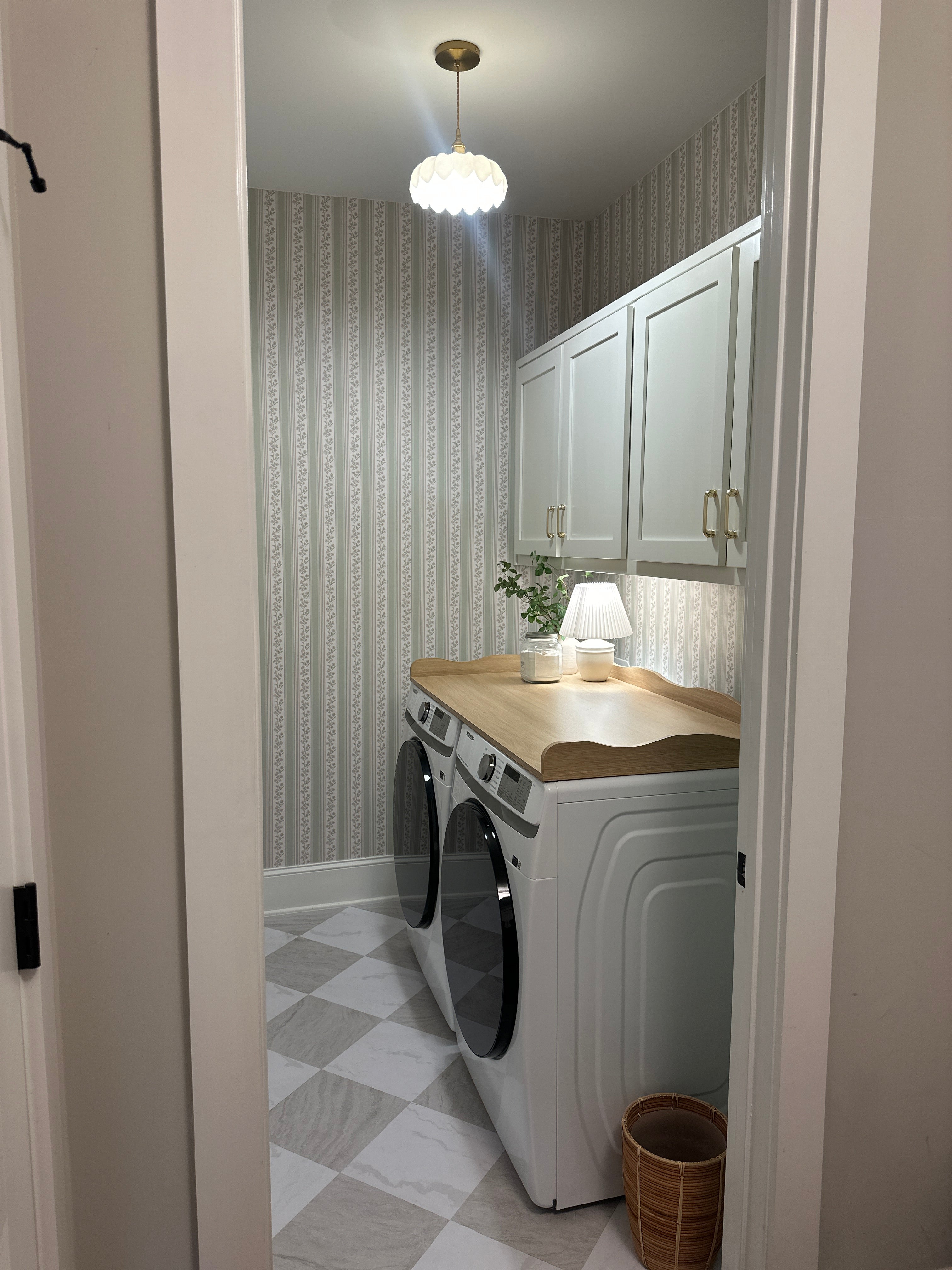 Auggie Striped Wallpaper in Pink, Cream, and Sage-Green
