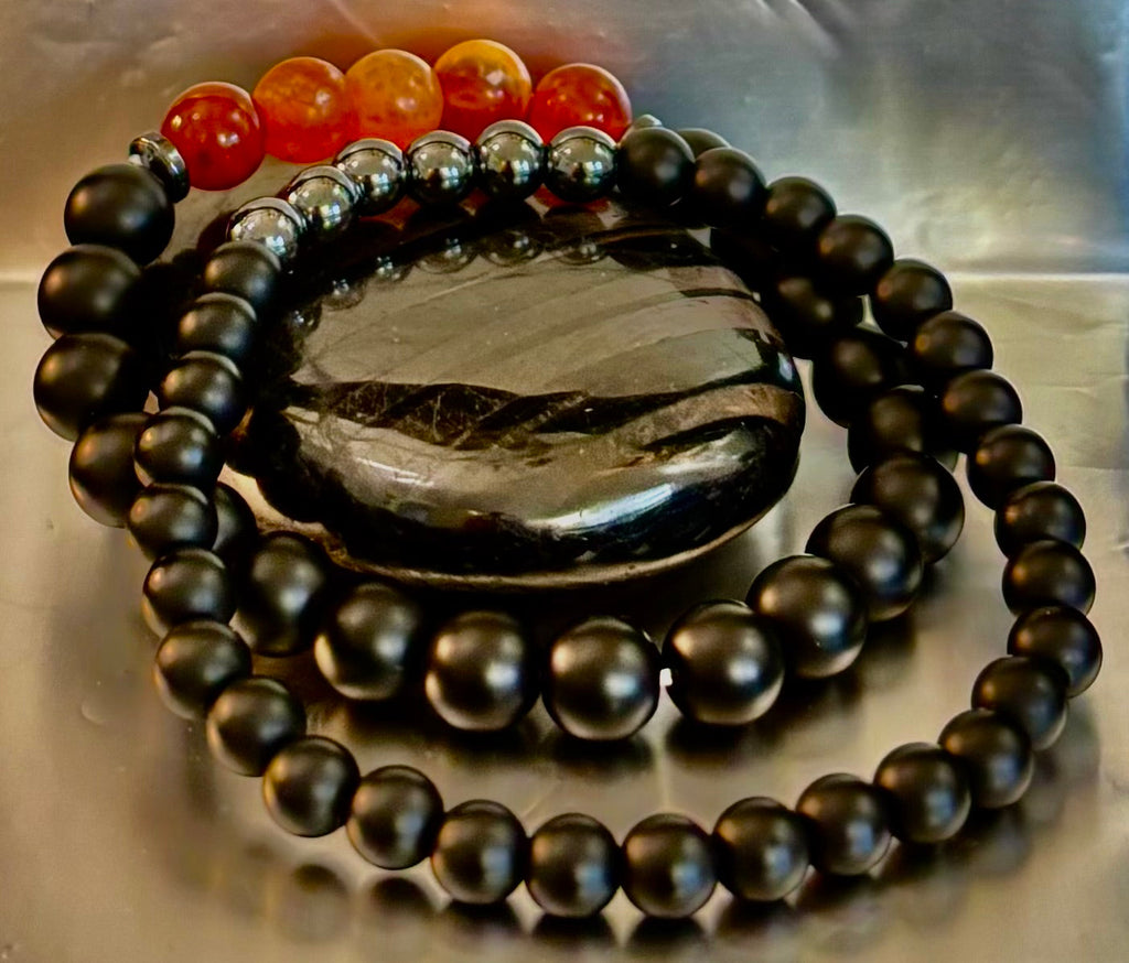 "Remembered in Power" AIDS Memorial Set | Fire Agate, Hematite & Black Obsidian