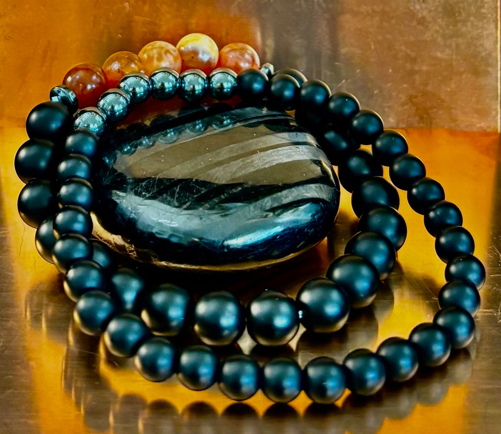 "Remembered in Power" AIDS Memorial Set | Fire Agate, Hematite & Black Obsidian