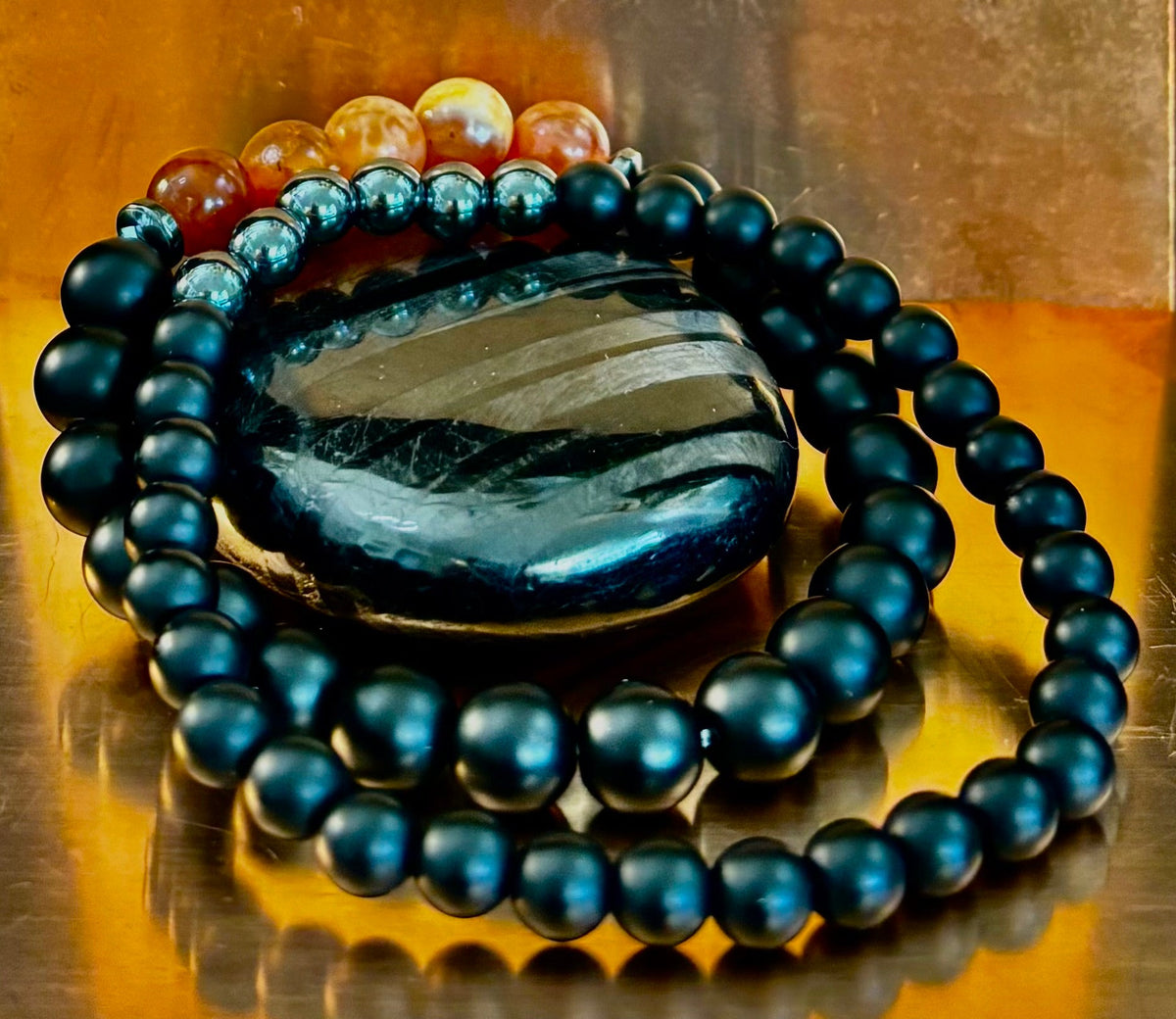 "Remembered in Power" AIDS Memorial Set | Fire Agate, Hematite & Black Obsidian