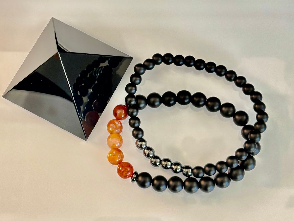 "Remembered in Power" AIDS Memorial Set | Fire Agate, Hematite & Black Obsidian