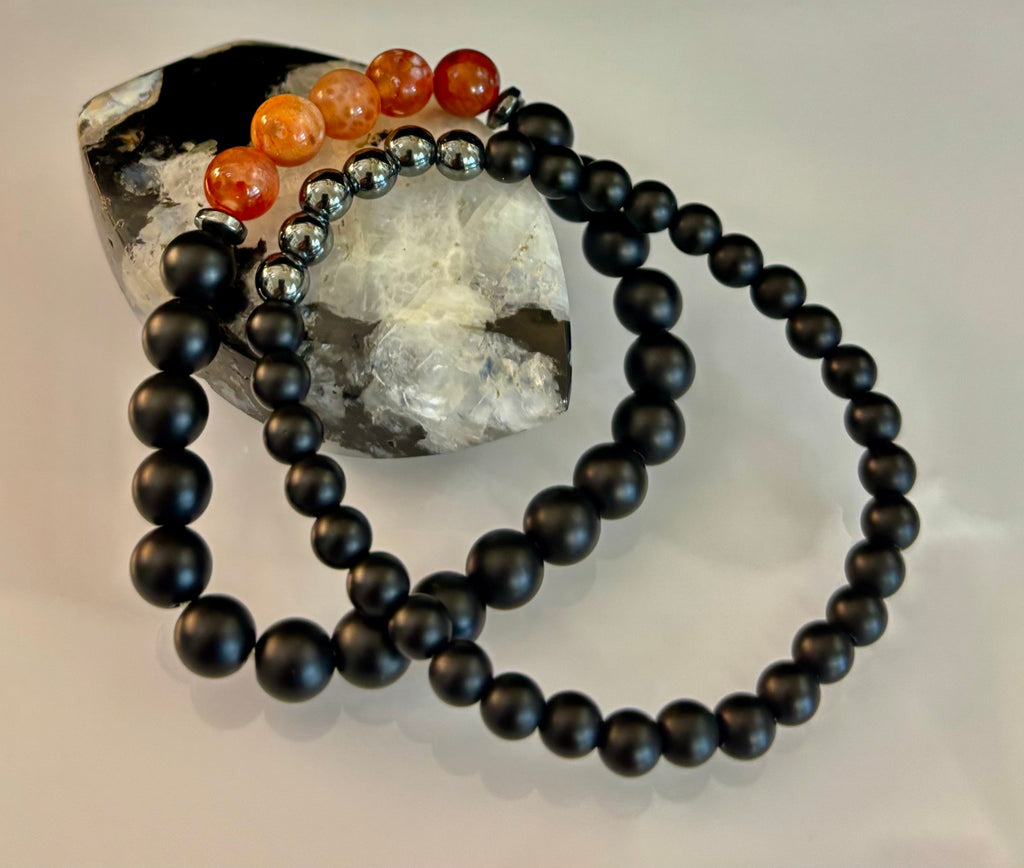 "Remembered in Power" AIDS Memorial Set | Fire Agate, Hematite & Black Obsidian