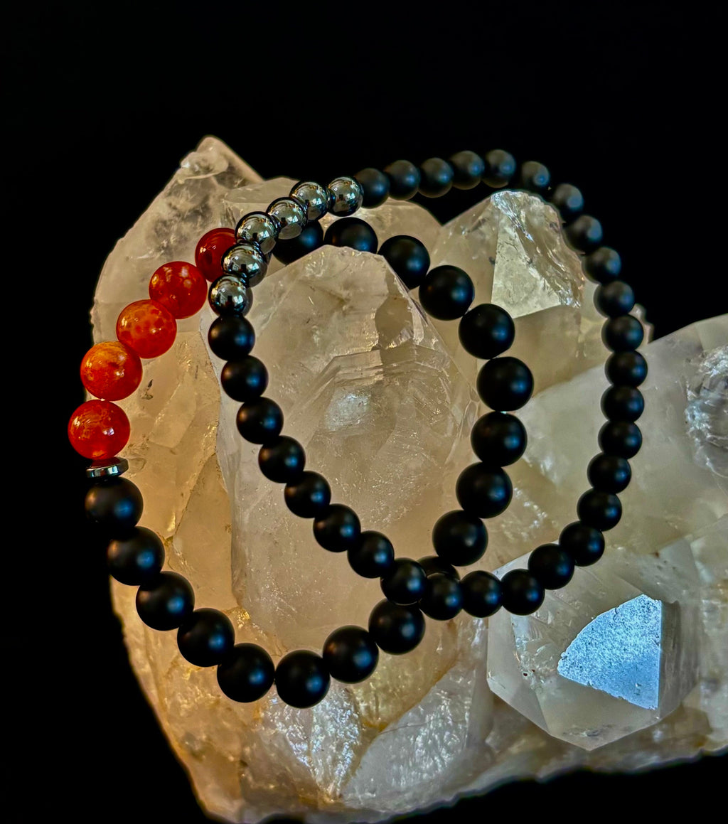 "Remembered in Power" AIDS Memorial Set | Fire Agate, Hematite & Black Obsidian