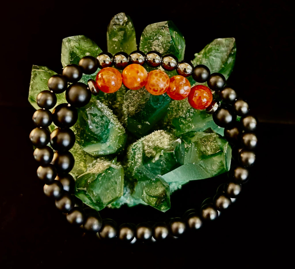 "Remembered in Power" AIDS Memorial Set | Fire Agate, Hematite & Black Obsidian