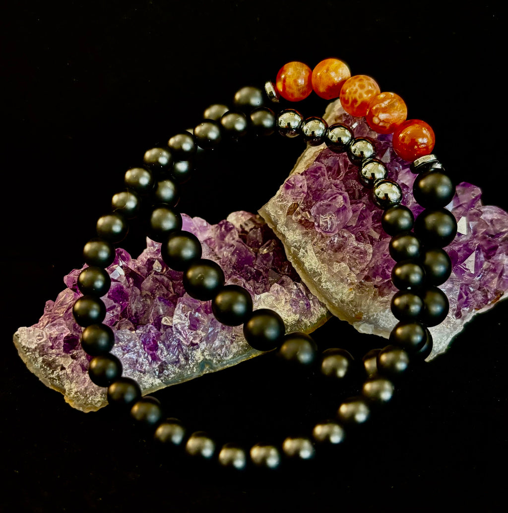 "Remembered in Power" AIDS Memorial Set | Fire Agate, Hematite & Black Obsidian