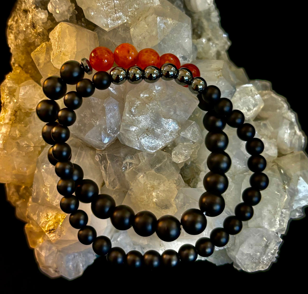 "Remembered in Power" AIDS Memorial Set | Fire Agate, Hematite & Black Obsidian