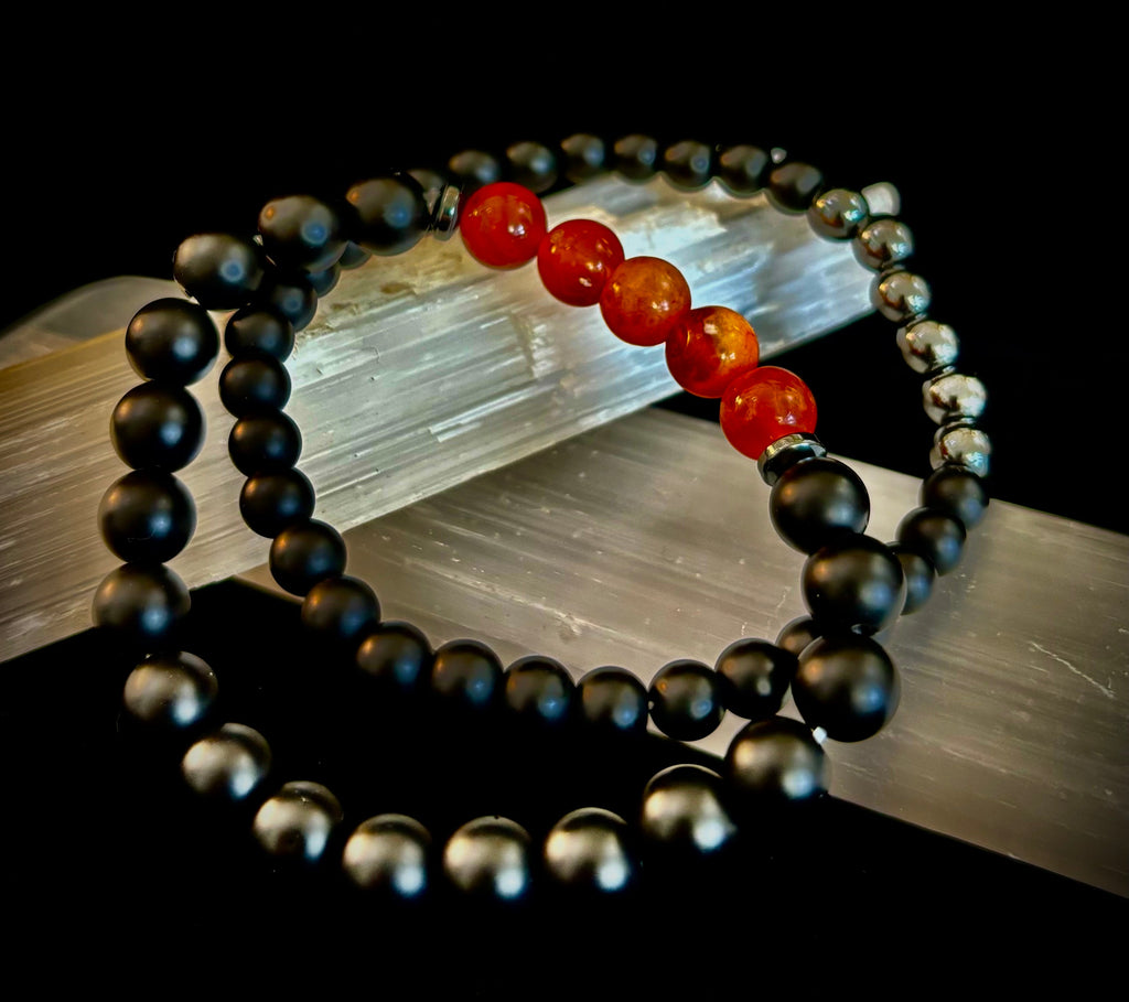 "Remembered in Power" AIDS Memorial Set | Fire Agate, Hematite & Black Obsidian