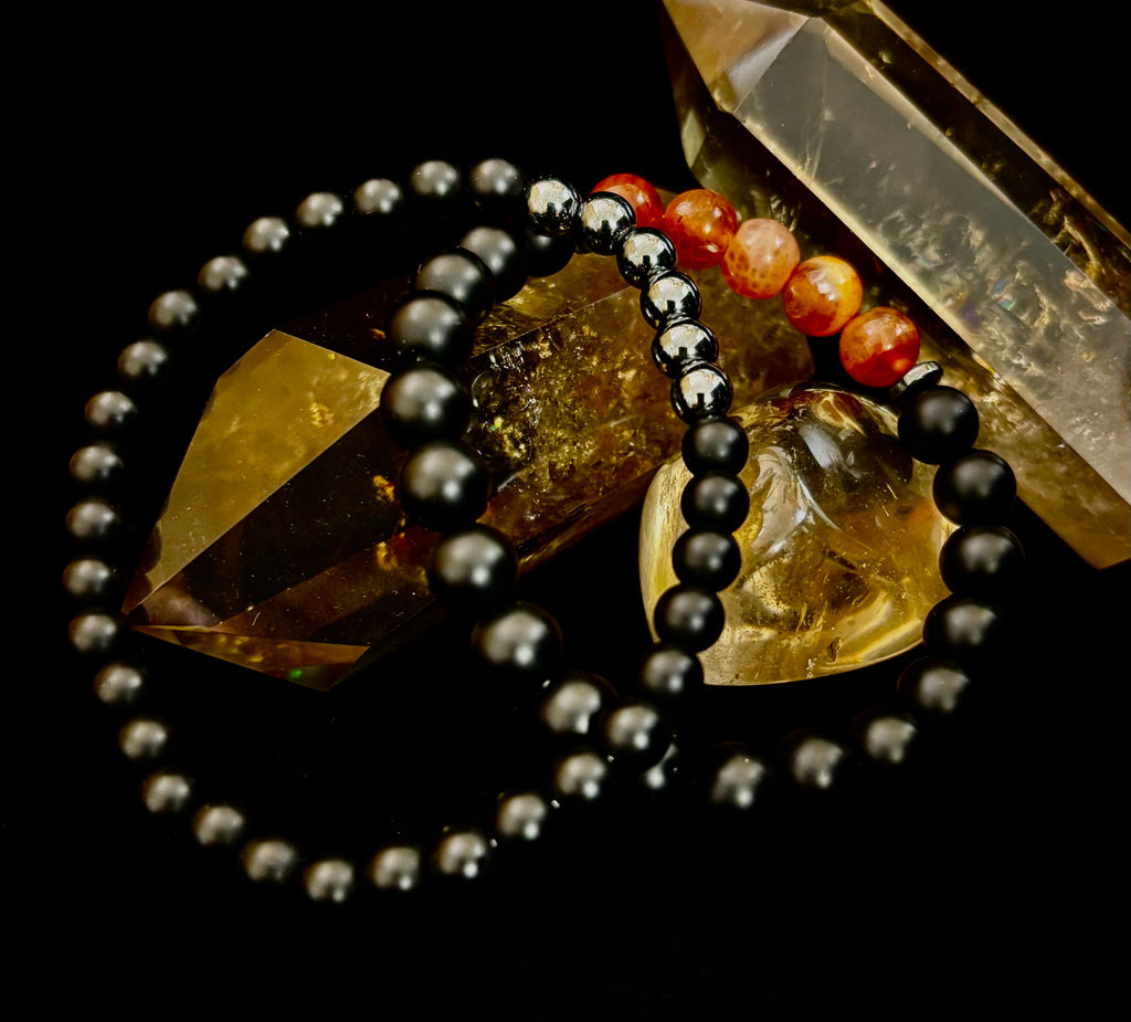 "Remembered in Power" AIDS Memorial Set | Fire Agate, Hematite & Black Obsidian