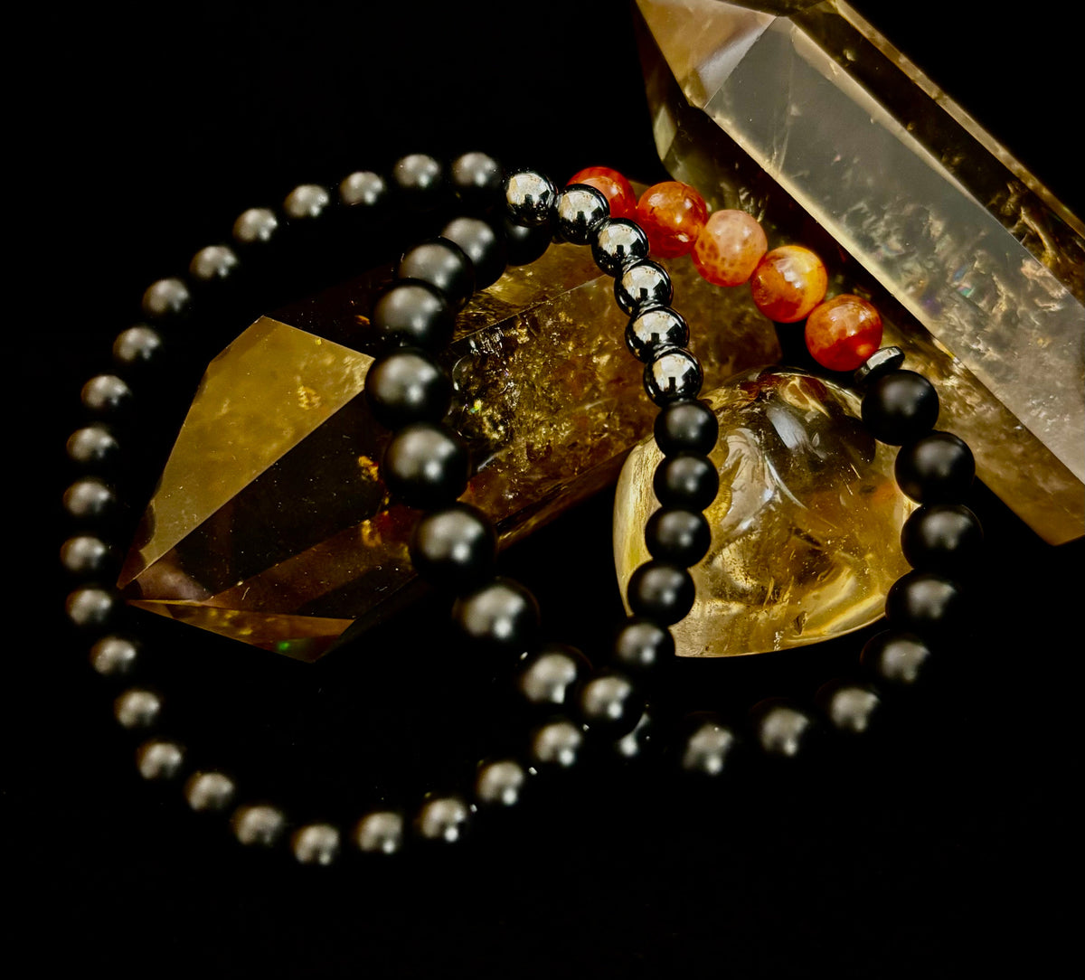 "Remembered in Power" AIDS Memorial Set | Fire Agate, Hematite & Black Obsidian