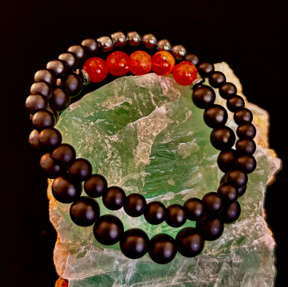 "Remembered in Power" AIDS Memorial Set | Fire Agate, Hematite & Black Obsidian