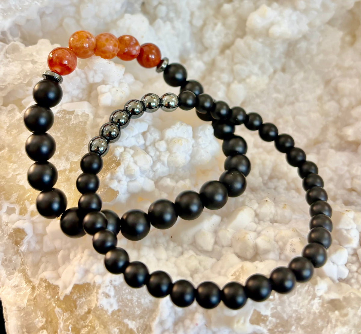 "Remembered in Power" AIDS Memorial Set | Fire Agate, Hematite & Black Obsidian