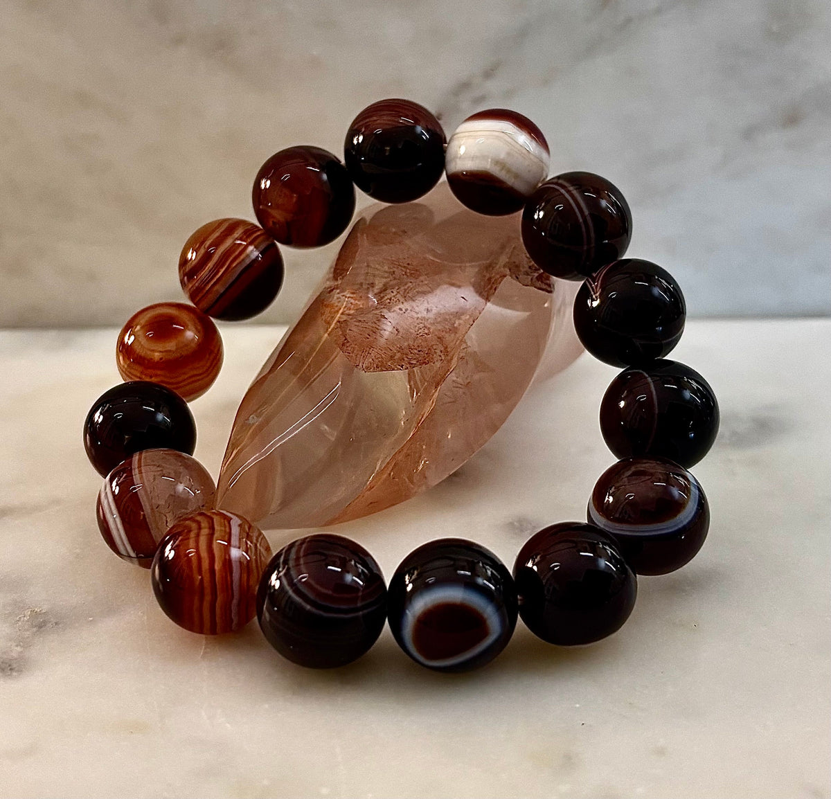 Earth Sentinel: Genuine Striped Agate 13-14mm Crystal Statement Stretch Bracelet