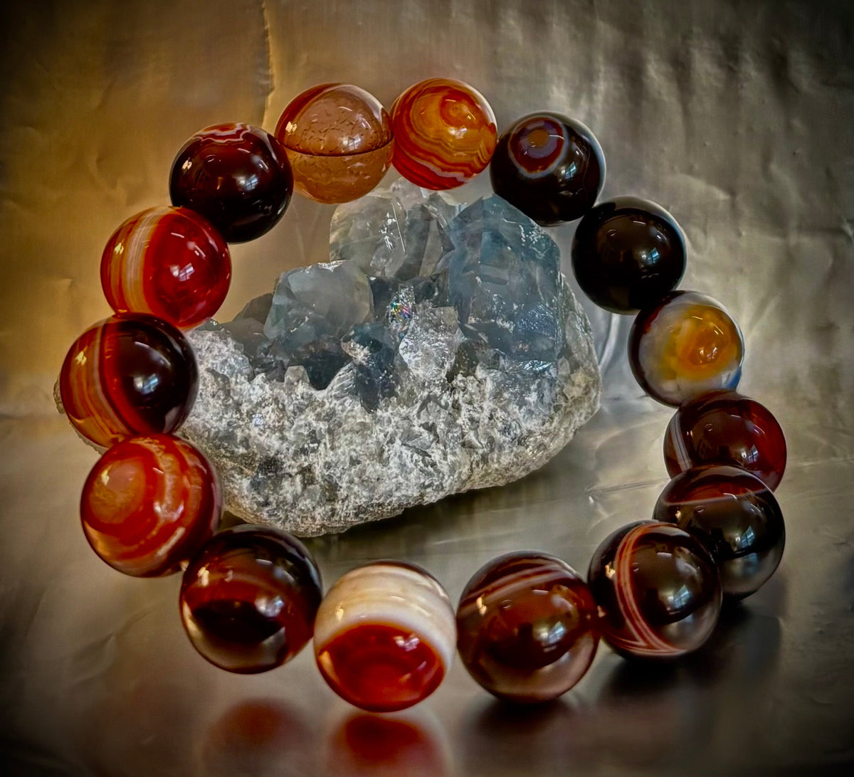 Earth Sentinel: Genuine Striped Agate 13-14mm Crystal Statement Stretch Bracelet